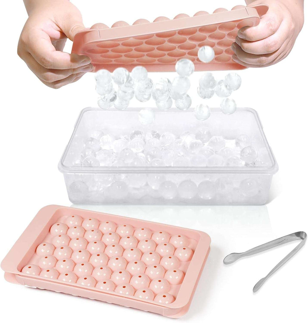 Ice Cube Tray with Lid and Bin - round Ice Trays for Freezer with Lid - Ice Cube Trays for Freezer with Ice Container (1"-2PACK Pink)