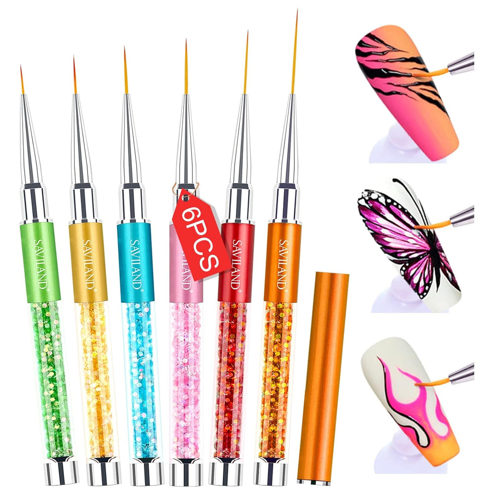 6Pcs Nail Art Liner Brushes Set: Nail Brush Gel Polish Painting Nail Art Design Brushes Pen with Crushed Diamond Rhinestone Handle for Pulling Lines,Sizes 7/9/11/13/17/23 Mm