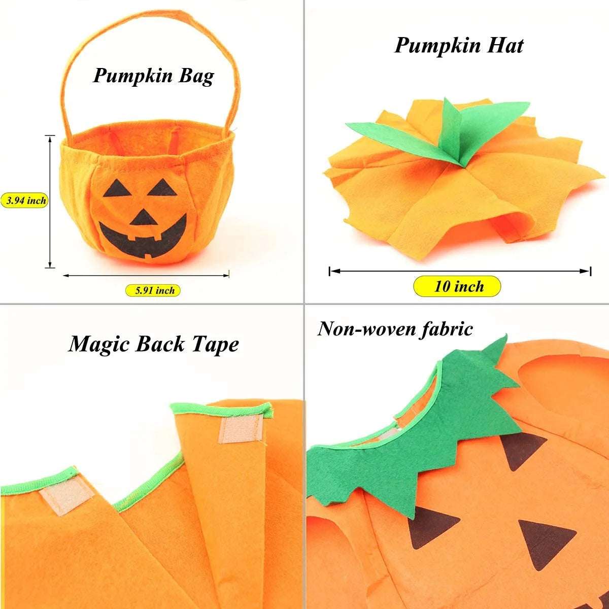 3PCS Halloween Costume Pumpkin Costume Set for Adults Kids, Halloween Cosplay Party Clothes with Hat and Bag Unisex (Orange)