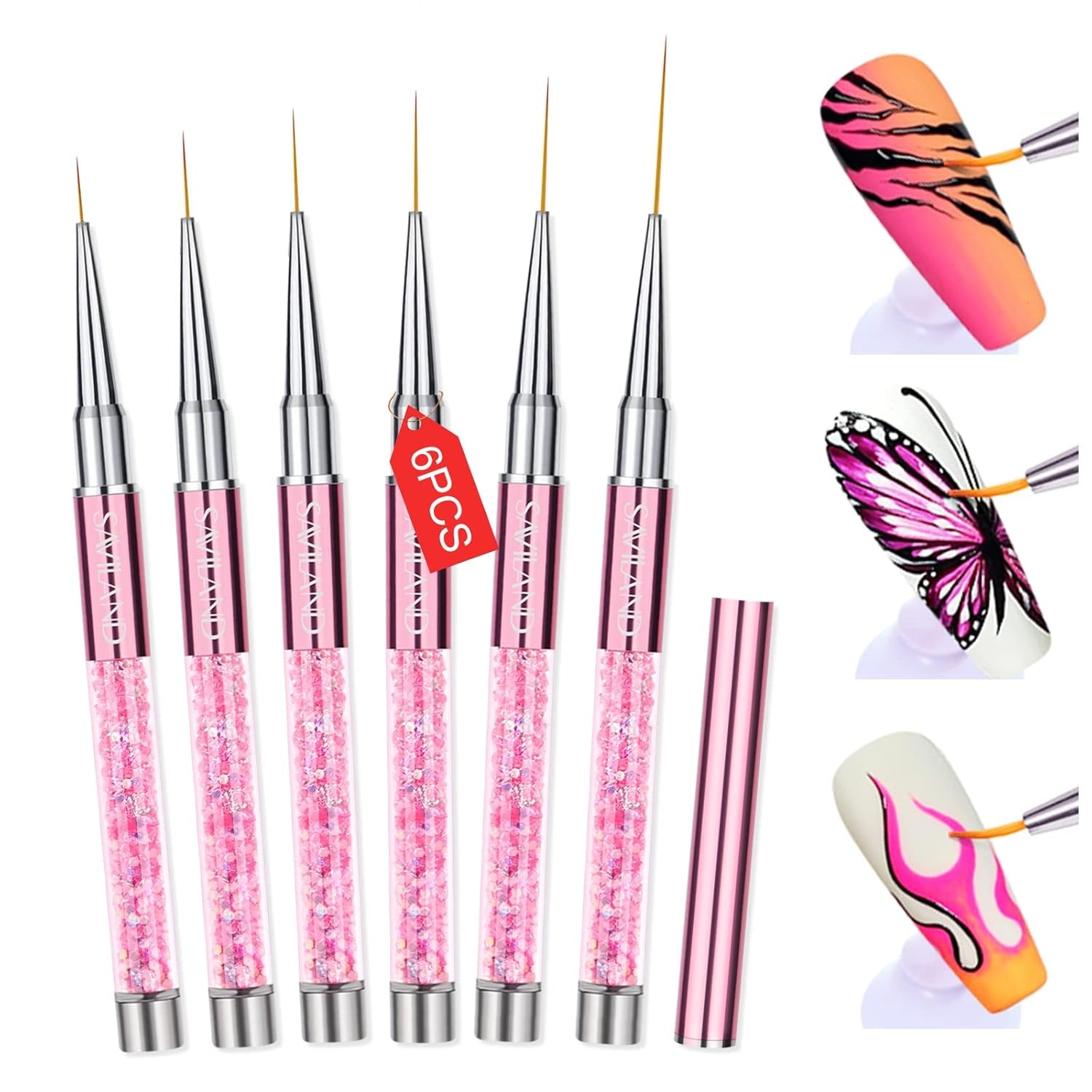 6Pcs Nail Art Liner Brushes Set: Nail Brush Gel Polish Painting Nail Art Design Brushes Pen with Crushed Diamond Rhinestone Handle for Pulling Lines,Sizes 7/9/11/13/17/23 Mm