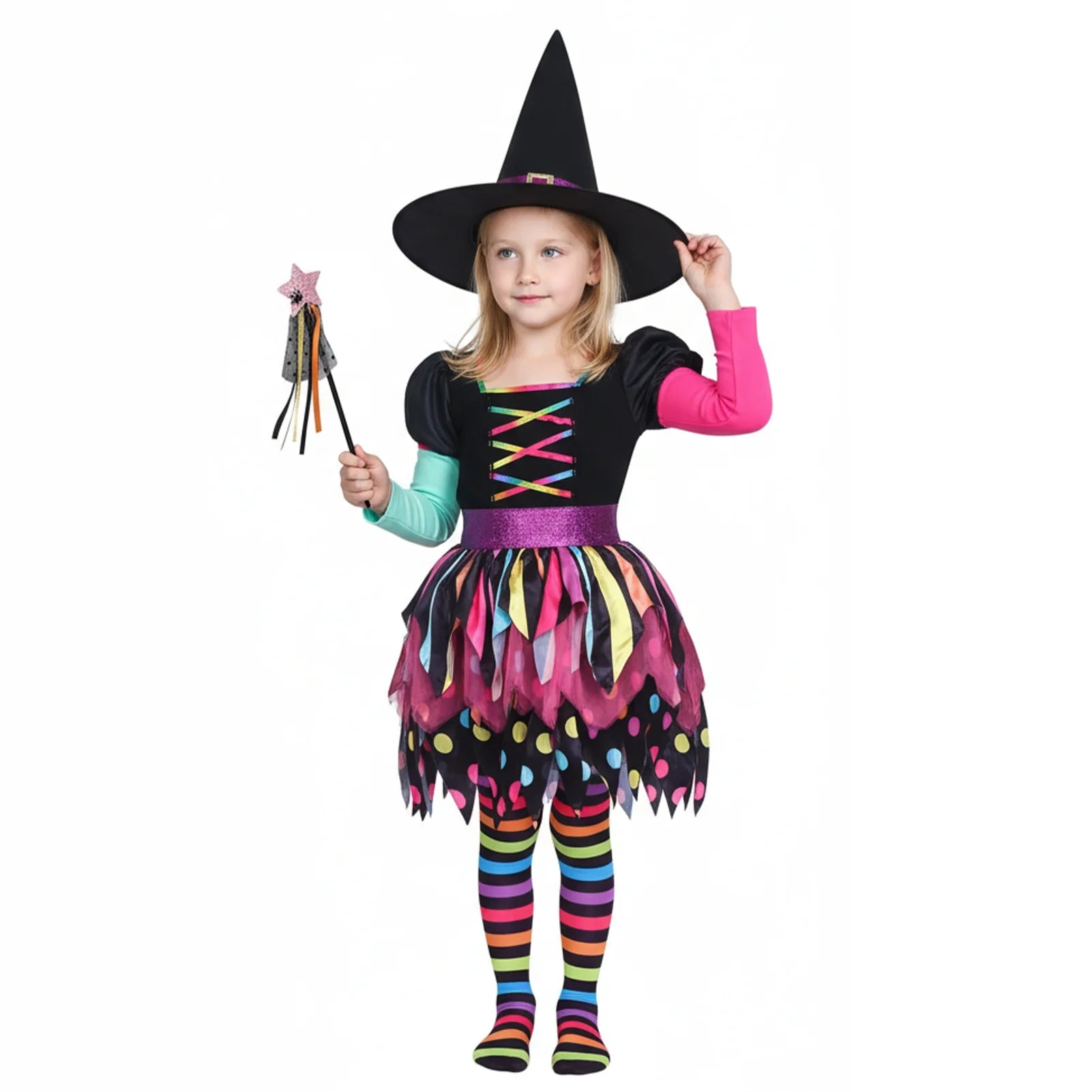 Girls Miss Matched Witch Halloween Fancy Dress Outfit, Child Girls Colorful Rainbow Halloween Witch Costume