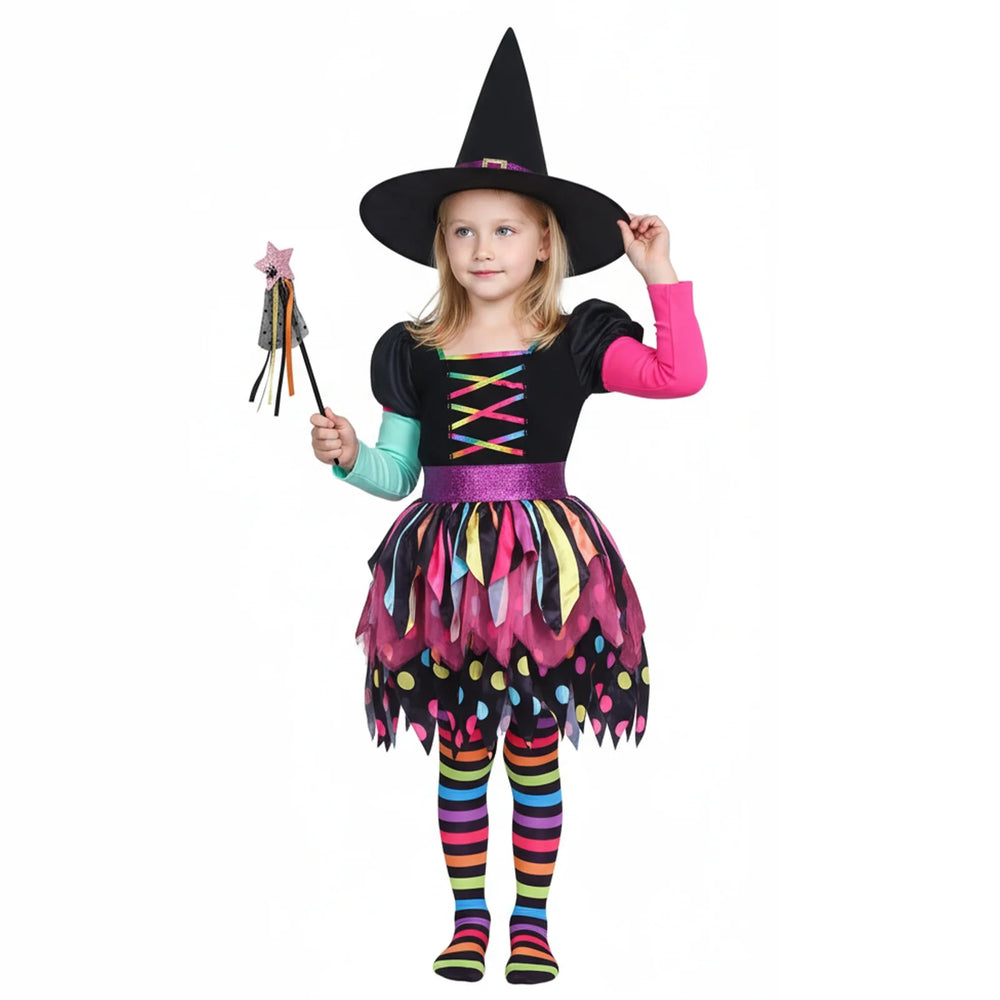 Girls Miss Matched Witch Halloween Fancy Dress Outfit, Child Girls Colorful Rainbow Halloween Witch Costume