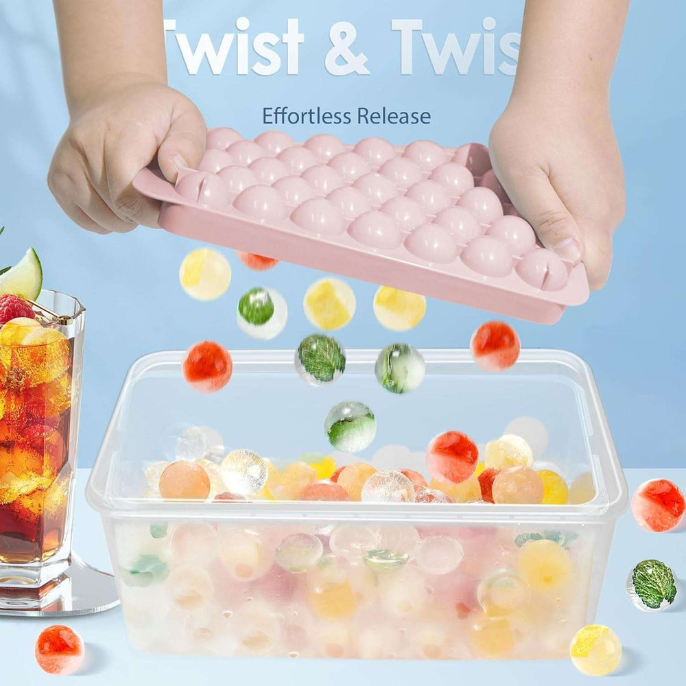 Ice Cube Tray with Lid and Bin - round Ice Trays for Freezer with Lid - Ice Cube Trays for Freezer with Ice Container (1"-2PACK Pink)