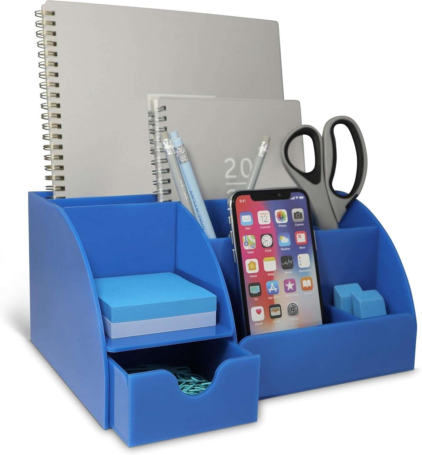 Blue Desk Organizer with 9 compartments for phone, pens, notebooks, and sticky notes. Bright color adds style to organized workspace.