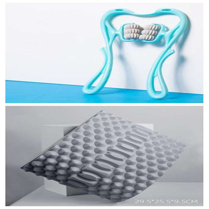 Blue 6 Roller Neck Massager and gray acupressure pillow, ideal for posture correction and muscle relaxation.