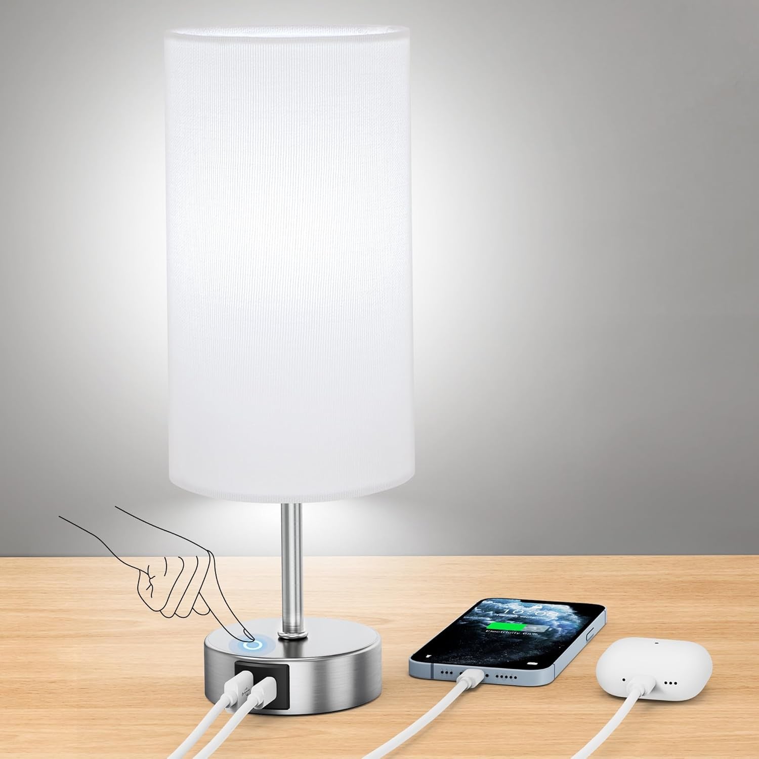 12.8" Touch Control Table Lamp, 3-Way Dimmable Small Bedside Nightstand Lamp with 2 USB Ports, Modern Table Lamp with 5000K Daylight LED Bulb for Living Room (2 Pack)