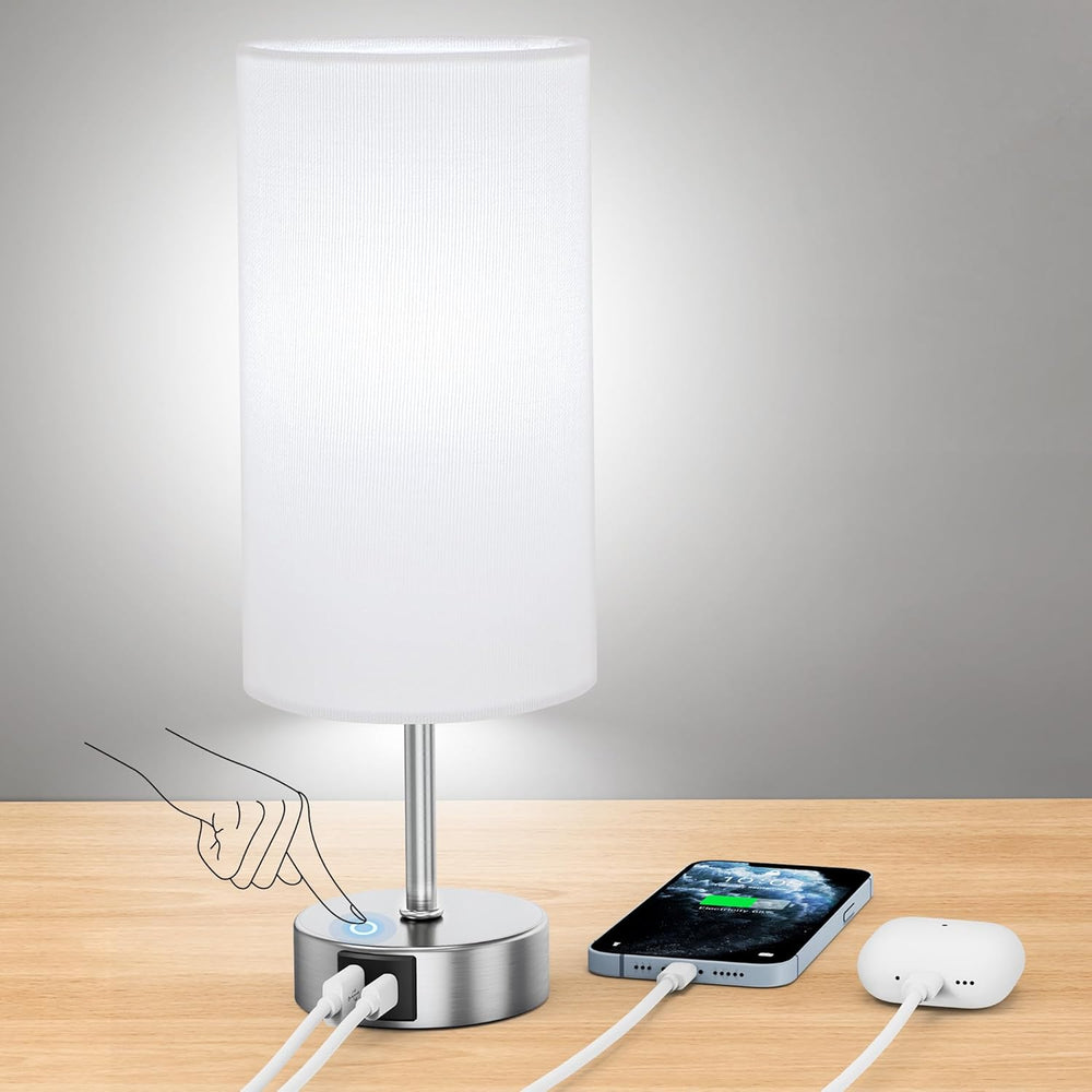 12.8" Touch Control Table Lamp, 3-Way Dimmable Small Bedside Nightstand Lamp with 2 USB Ports, Modern Table Lamp with 5000K Daylight LED Bulb for Living Room (2 Pack)