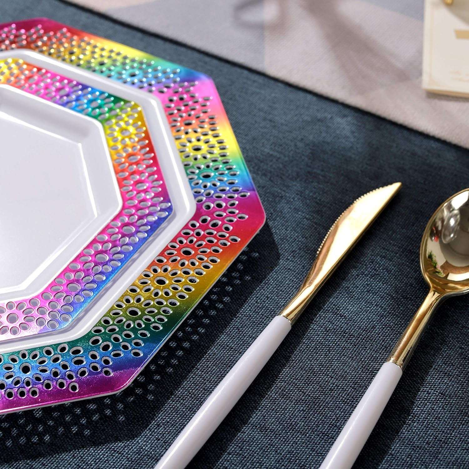 60Pcs Rainbow Plastic Plates, White Disposable Plates with Rainbow Lace Design, Including 30 Dinner Plate, 30 Dessert Plate for Wedding and Birthday Parties