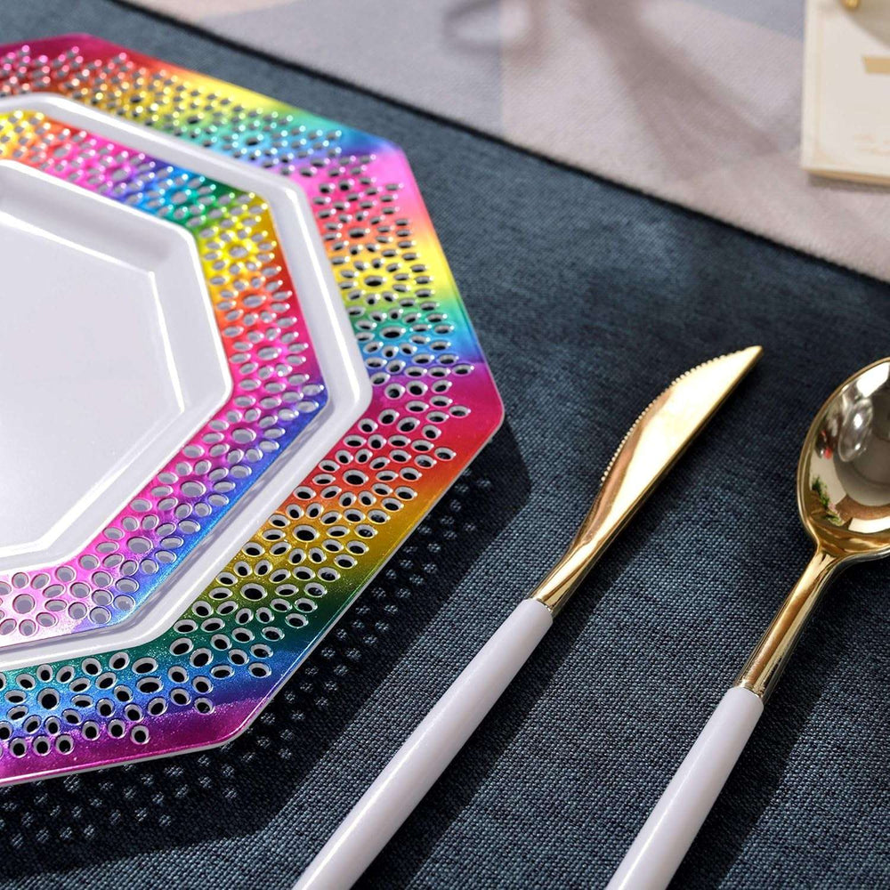 60Pcs Rainbow Plastic Plates, White Disposable Plates with Rainbow Lace Design, Including 30 Dinner Plate, 30 Dessert Plate for Wedding and Birthday Parties