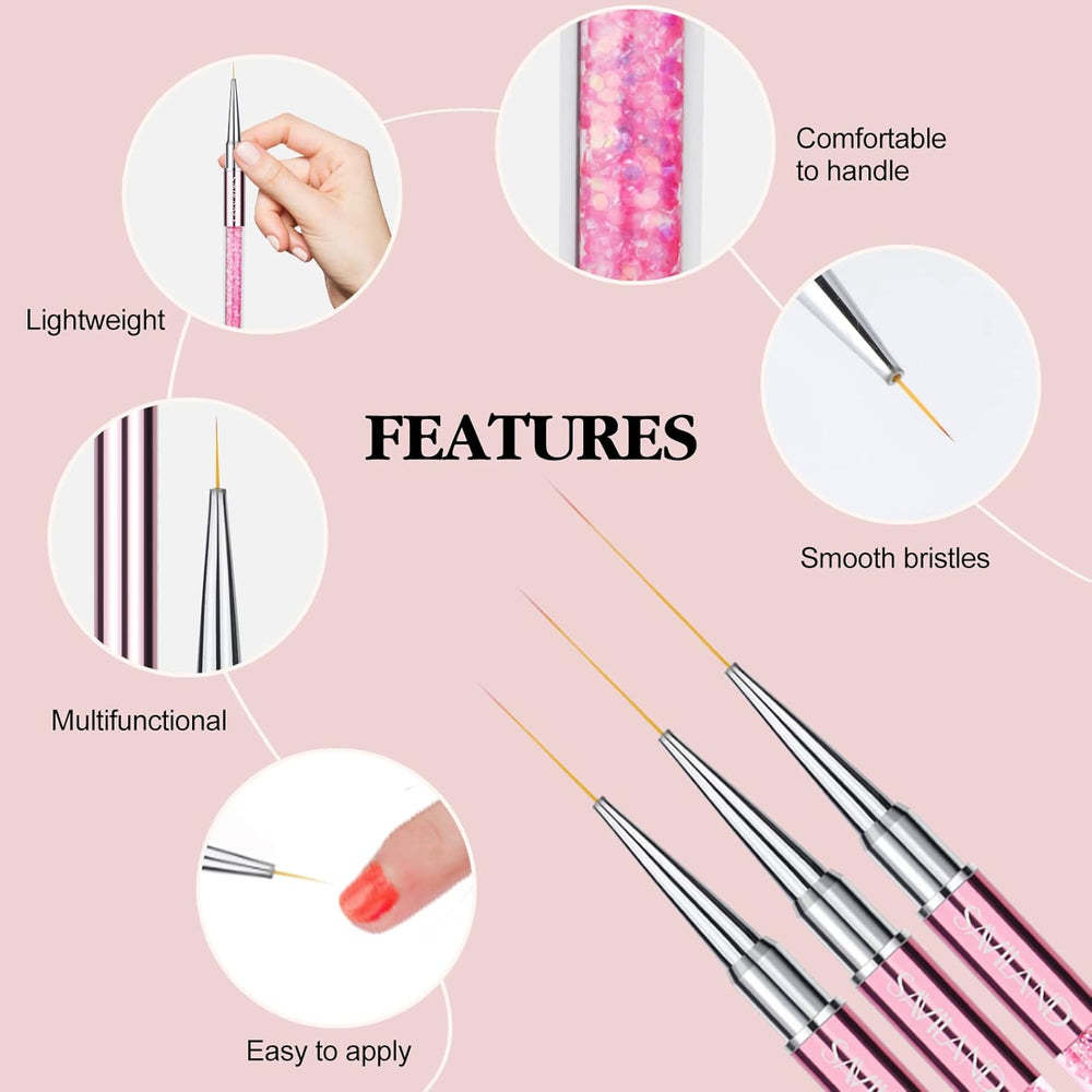 6Pcs Nail Art Liner Brushes Set: Nail Brush Gel Polish Painting Nail Art Design Brushes Pen with Crushed Diamond Rhinestone Handle for Pulling Lines,Sizes 7/9/11/13/17/23 Mm