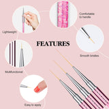 6Pcs Nail Art Liner Brushes Set: Nail Brush Gel Polish Painting Nail Art Design Brushes Pen with Crushed Diamond Rhinestone Handle for Pulling Lines,Sizes 7/9/11/13/17/23 Mm