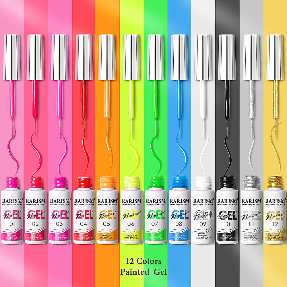 Painted Gel Nail Polish Set, Line Art Gel 12 Colors Neon Pink Yellow Green Glitter Silver Gold Nail Art Painting Manicure Tools DIY Drawing Nailgel for Line U V L E D Required