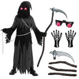 Child Glowing Eyes Grim Reaper Costume, Phantom Costume for Kids Halloween Fancy Dress up 5-12 Years