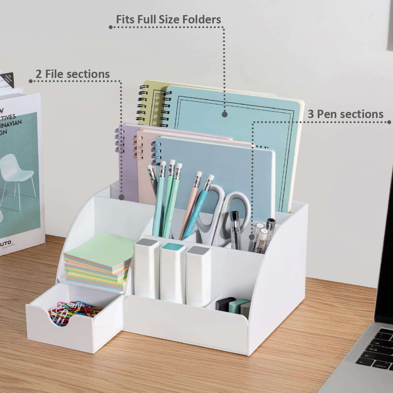White Desk Organizer labeled with 2 file and 3 pen sections. Holds folders, pens, and supplies for organized office or school workspace.