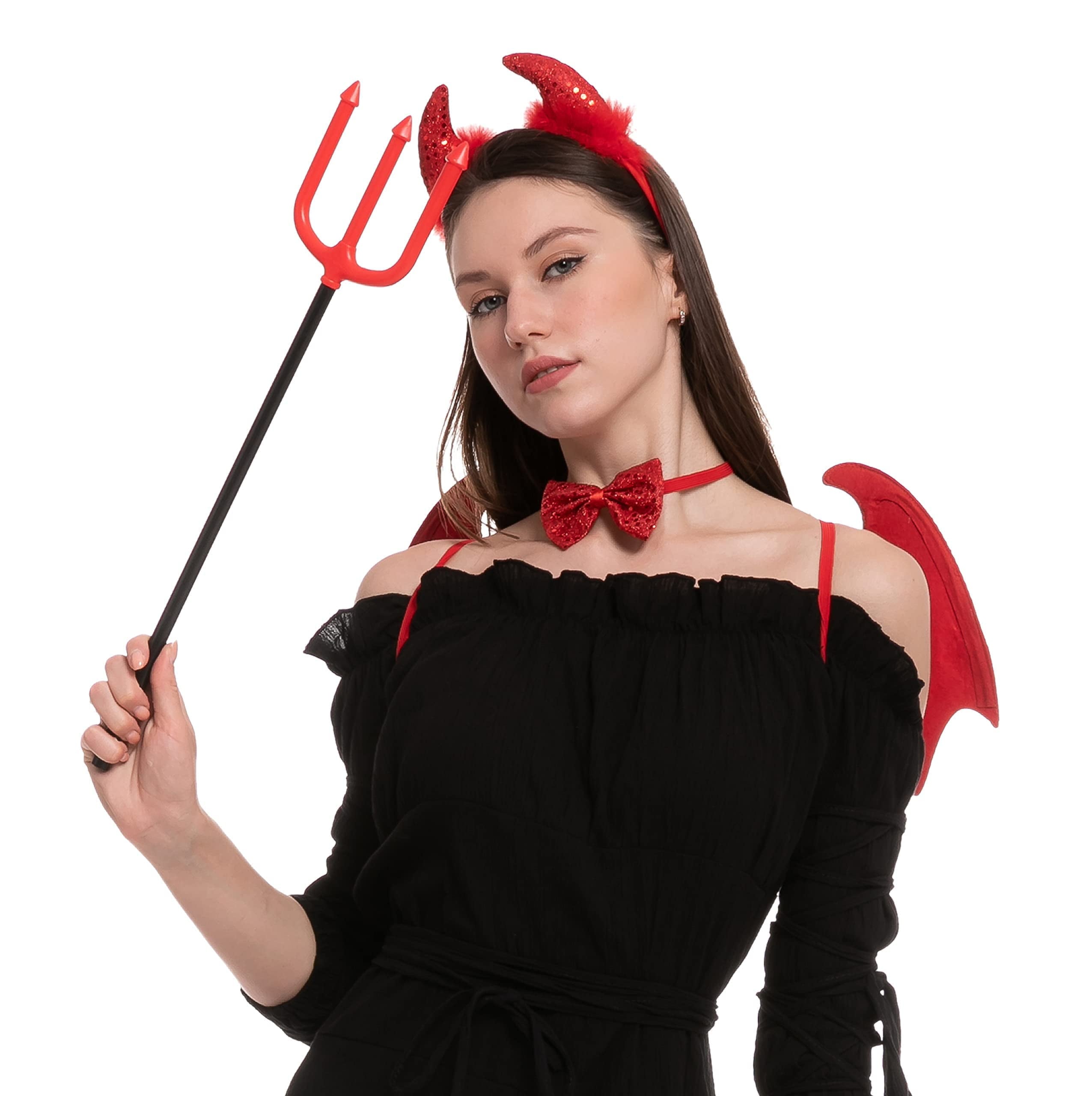 5 Pcs Devil Accessories for Woman, Devil Costume Accessories with Devil Wings, Devil Pitchfork Devil Horns and Tail, Halloween Devil Horns Cosplay Costume for Adults
