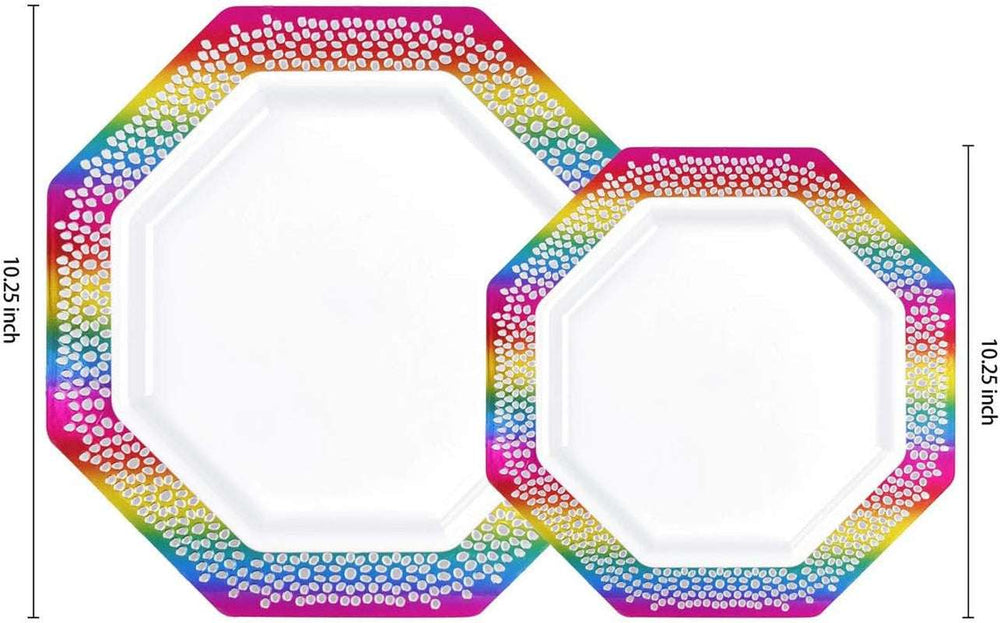 60Pcs Rainbow Plastic Plates, White Disposable Plates with Rainbow Lace Design, Including 30 Dinner Plate, 30 Dessert Plate for Wedding and Birthday Parties