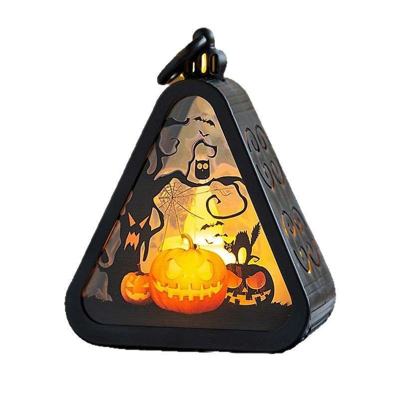 Triangle-shaped Halloween Portable Pumpkin Lamp with glowing jack-o'-lantern, bats, and ghost details, ideal for Halloween party decor.