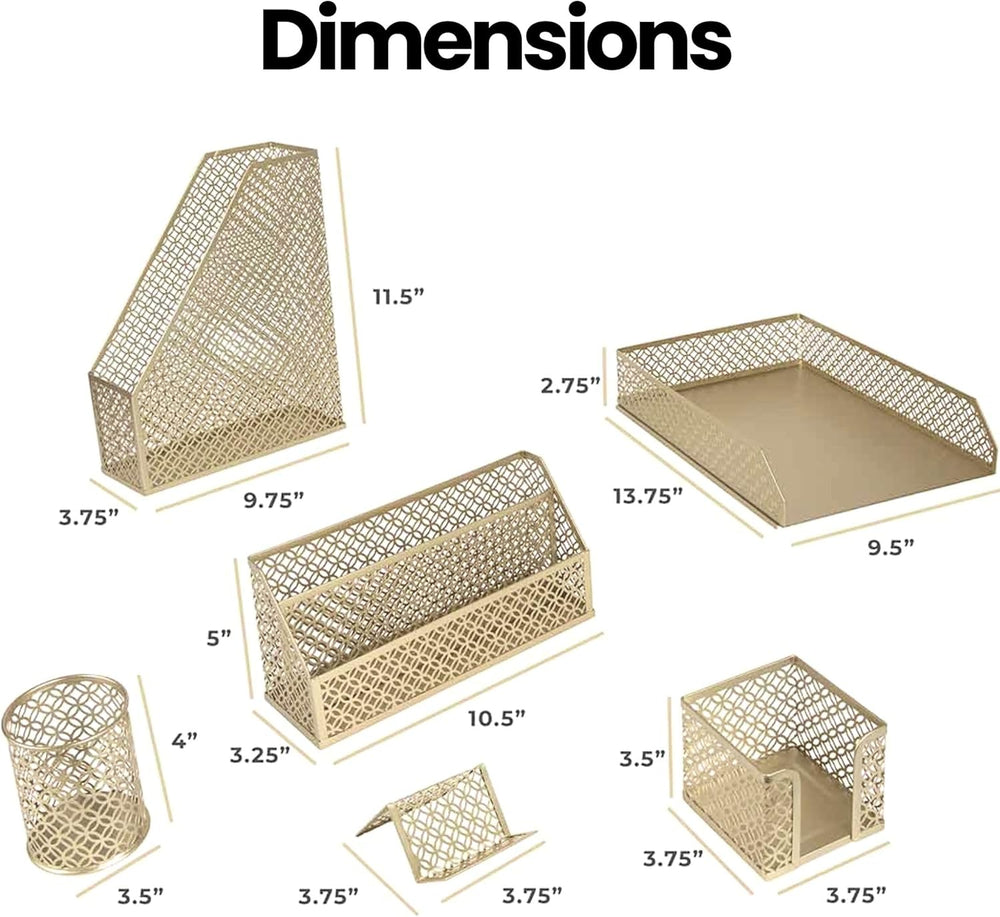 Dimensions of gold desk organizer set components including magazine holder, paper tray, pen cup, and more for precise workspace planning.