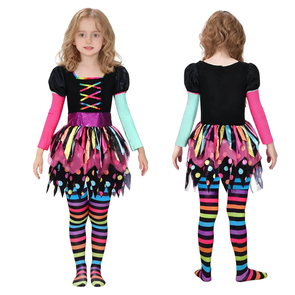 Girls Miss Matched Witch Halloween Fancy Dress Outfit, Child Girls Colorful Rainbow Halloween Witch Costume