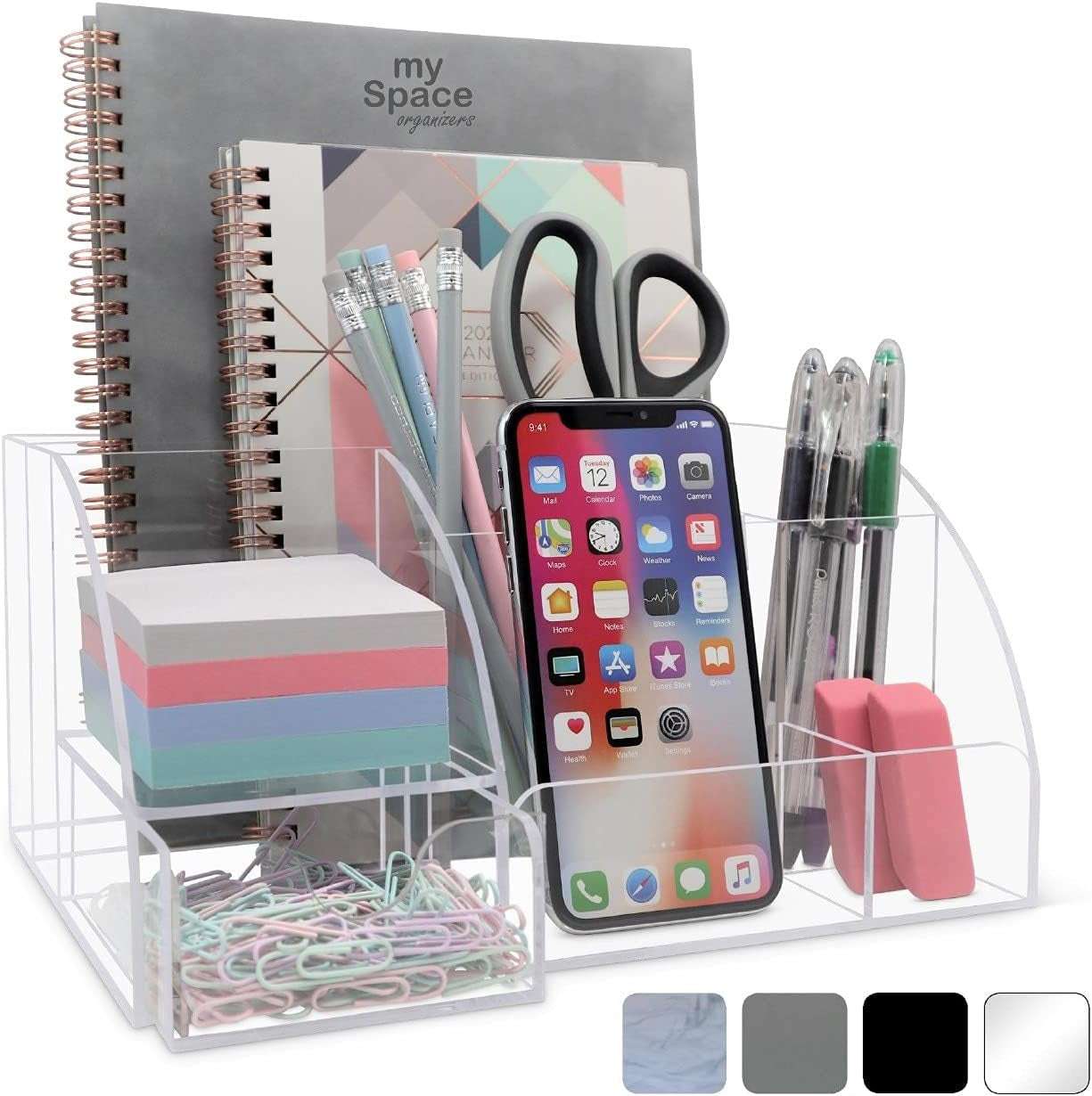 Clear Acrylic Desk Organizer with phone slot and 9 compartments. Holds notebooks, pens, and sticky notes in a modern, transparent design.