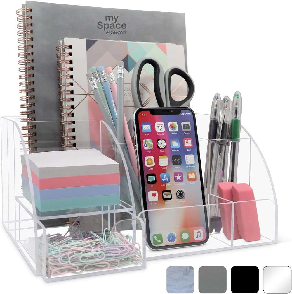 Clear Acrylic Desk Organizer with phone slot and 9 compartments. Holds notebooks, pens, and sticky notes in a modern, transparent design.