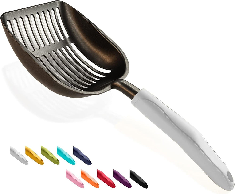 Cat Litter Scoop, Non-Stick Plated Aluminum Alloy Sifter, Kitty Durable Metal Scooper, Deep Shovel, Long Handle, Kitten Pooper Lifter, Size Large, Coated Black Body with Black Handle