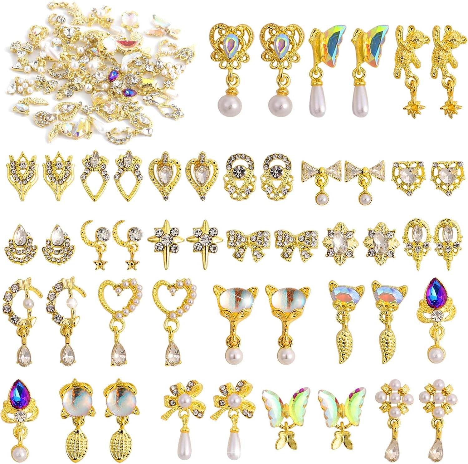 48Pcs Nail Crystal AB Rhinestones, Nail Diamonds Glass Metal Gems Jewels Stones for 3D Nails Art Decoration(24 Styles)