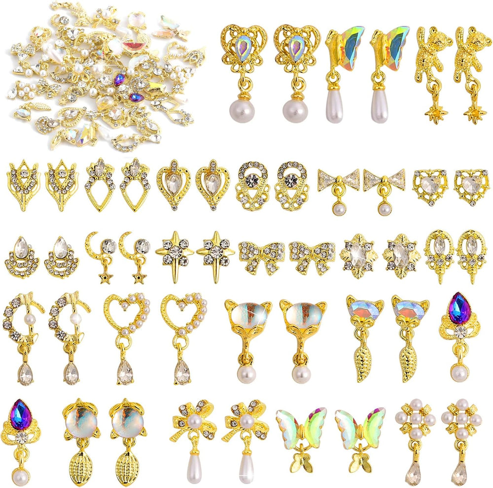 48Pcs Nail Crystal AB Rhinestones, Nail Diamonds Glass Metal Gems Jewels Stones for 3D Nails Art Decoration(24 Styles)