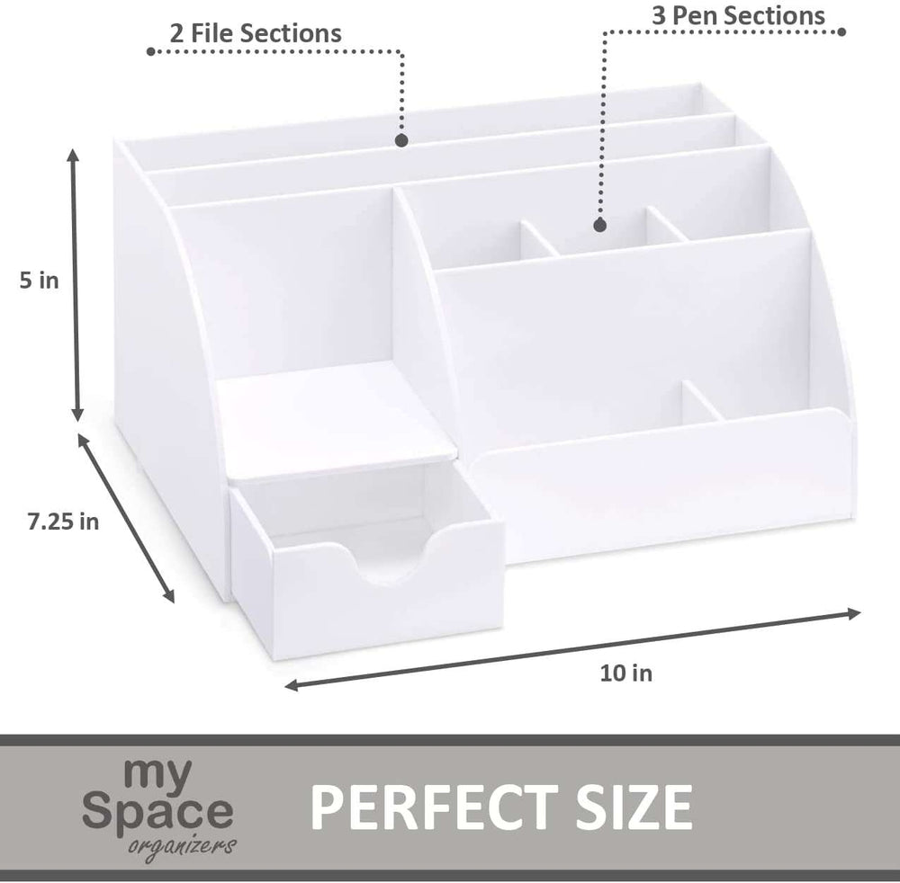 White Desk Organizer dimensions shown with 9 compartments including 2 file and 3 pen sections. Compact and functional for any desk.