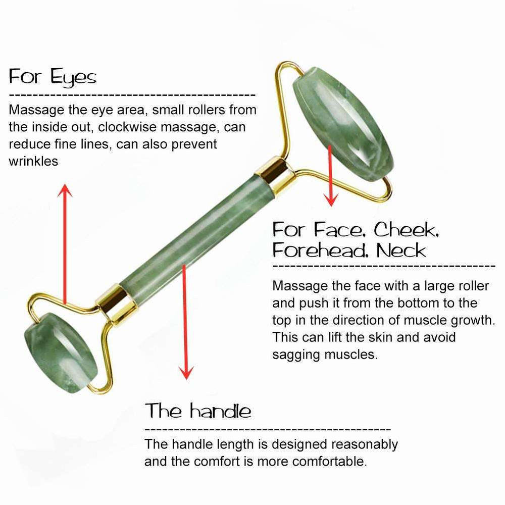 Usage guide for jade roller showing massage techniques for eyes, face, cheeks, forehead, and neck for anti-aging benefits.