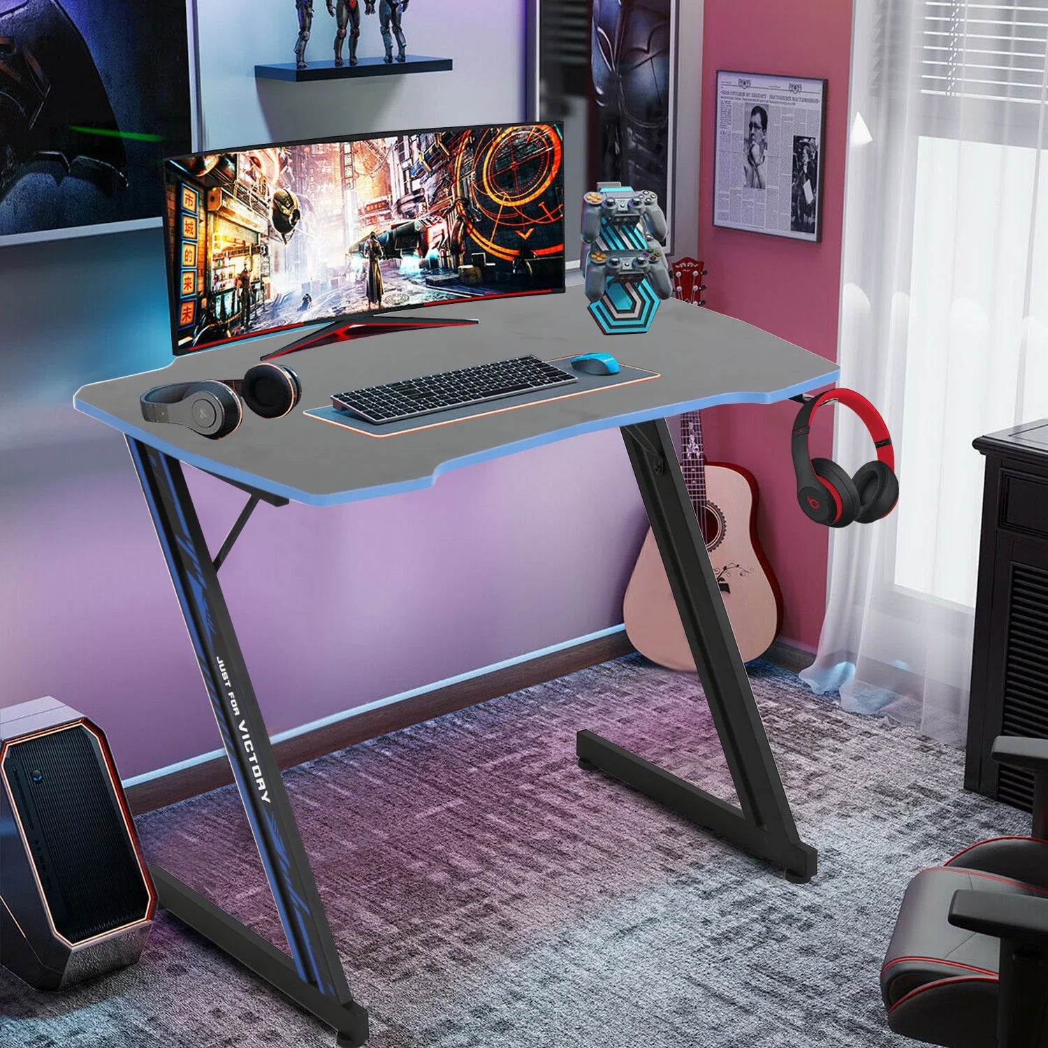 47 Inch Gaming Desk, Z Shaped PC Computer Desk Gaming Workstation with Headphone Hook, Ergonomic Gaming Table PC Desk for Game Players, Red