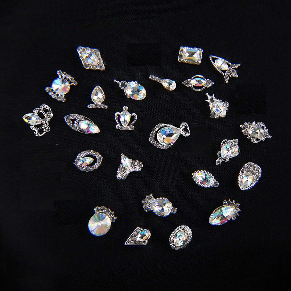 48Pcs Nail Crystal AB Rhinestones, Nail Diamonds Glass Metal Gems Jewels Stones for 3D Nails Art Decoration(24 Styles)