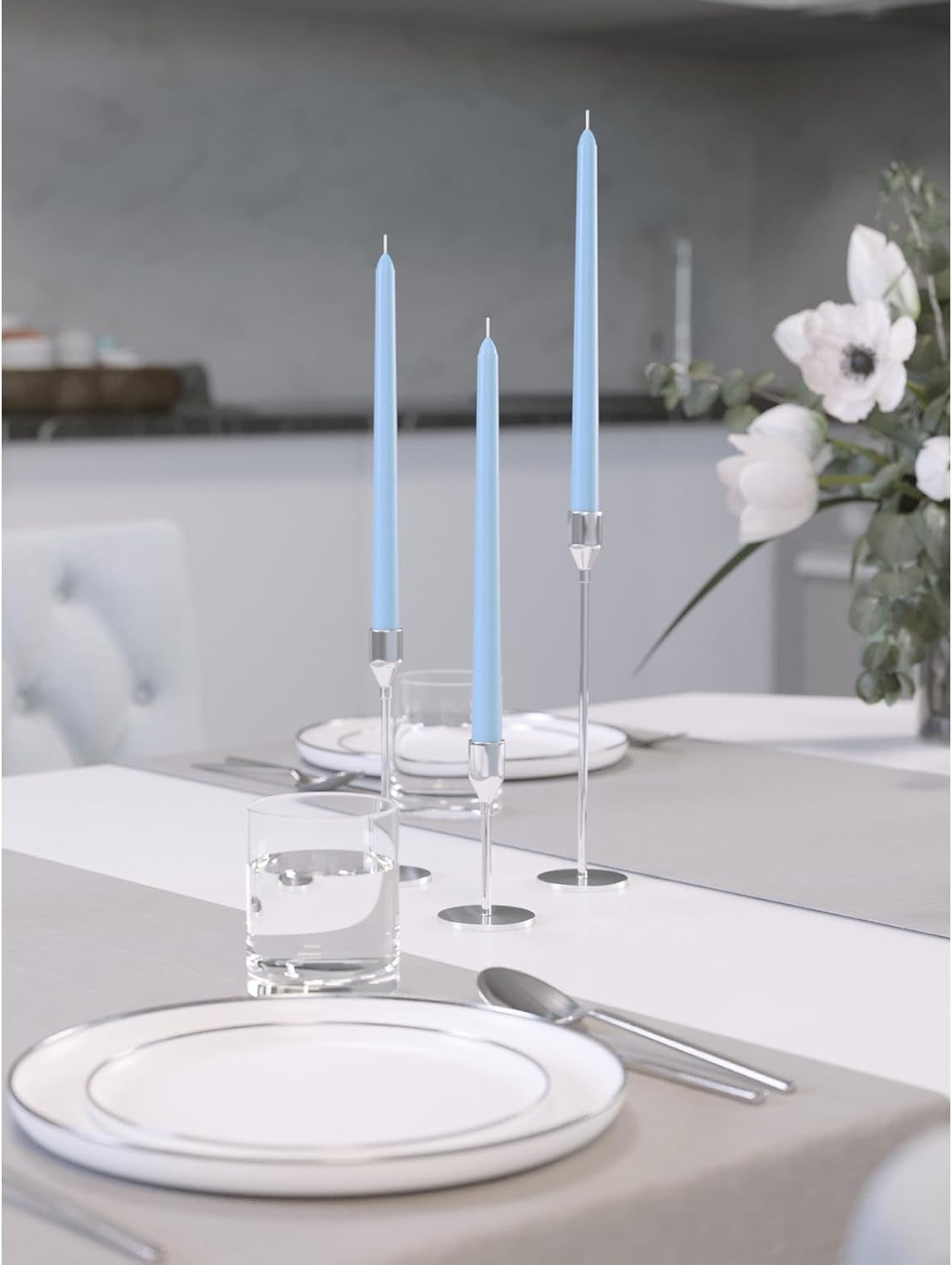 10 Inch Taper Candles - Set of 4 Dripless Unscented Candlesticks - Perfect for Dinner and Household Use - Light Blue