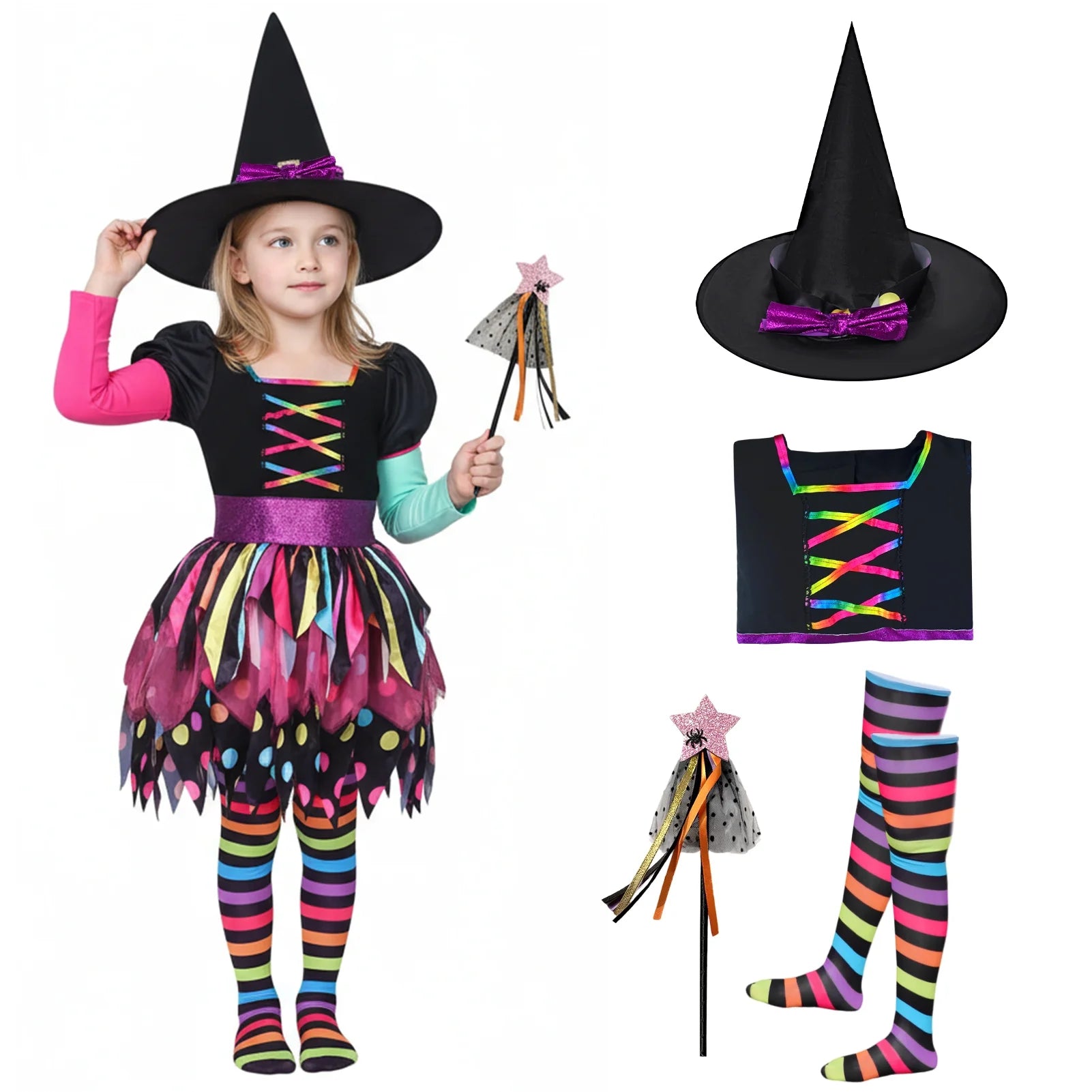Girls Miss Matched Witch Halloween Fancy Dress Outfit, Child Girls Colorful Rainbow Halloween Witch Costume