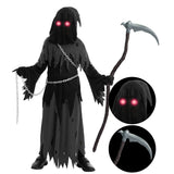 Child Glowing Eyes Grim Reaper Costume, Phantom Costume for Kids Halloween Fancy Dress up 5-12 Years