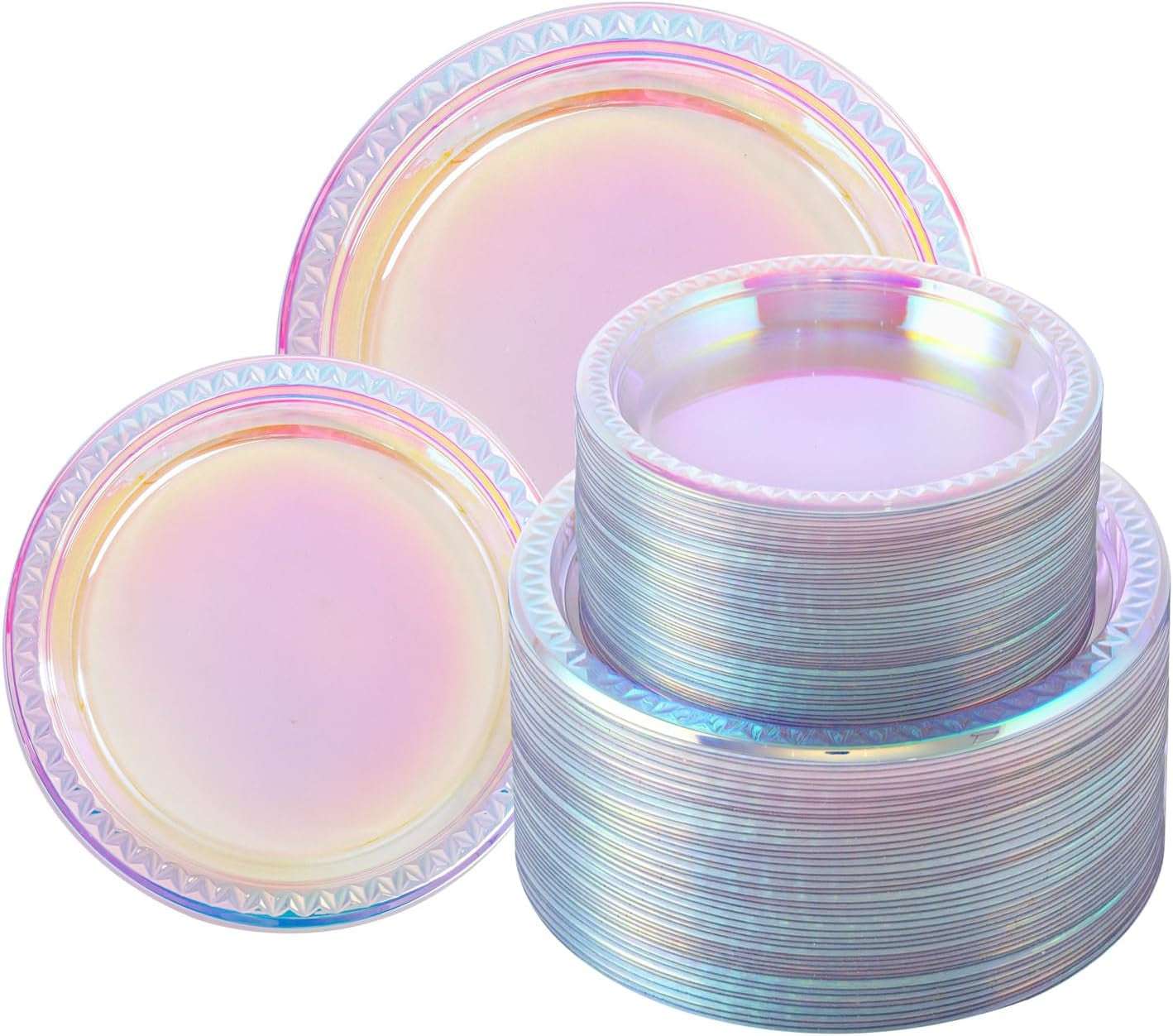 60Pcs Rainbow Plastic Plates, White Disposable Plates with Rainbow Lace Design, Including 30 Dinner Plate, 30 Dessert Plate for Wedding and Birthday Parties