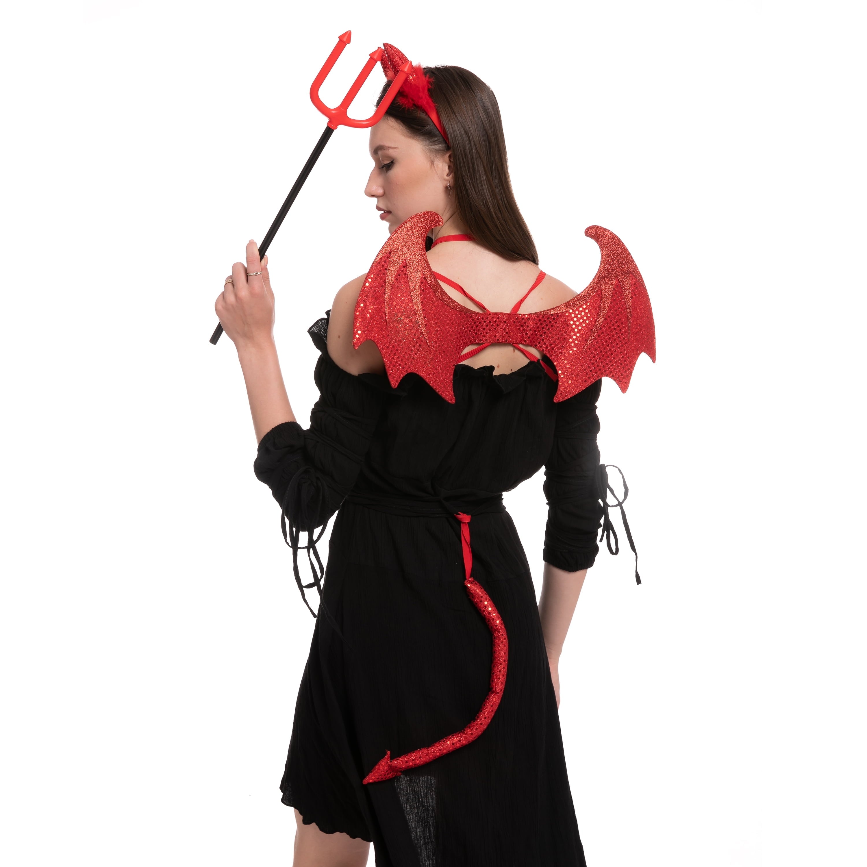 5 Pcs Devil Accessories for Woman, Devil Costume Accessories with Devil Wings, Devil Pitchfork Devil Horns and Tail, Halloween Devil Horns Cosplay Costume for Adults