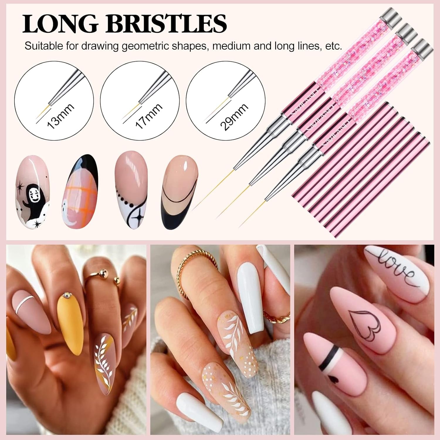 6Pcs Nail Art Liner Brushes Set: Nail Brush Gel Polish Painting Nail Art Design Brushes Pen with Crushed Diamond Rhinestone Handle for Pulling Lines,Sizes 7/9/11/13/17/23 Mm