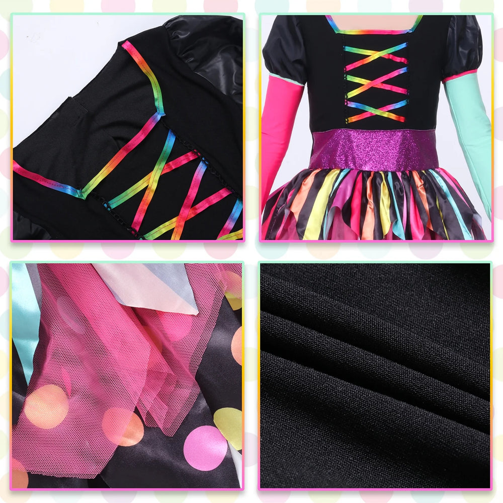 Girls Miss Matched Witch Halloween Fancy Dress Outfit, Child Girls Colorful Rainbow Halloween Witch Costume