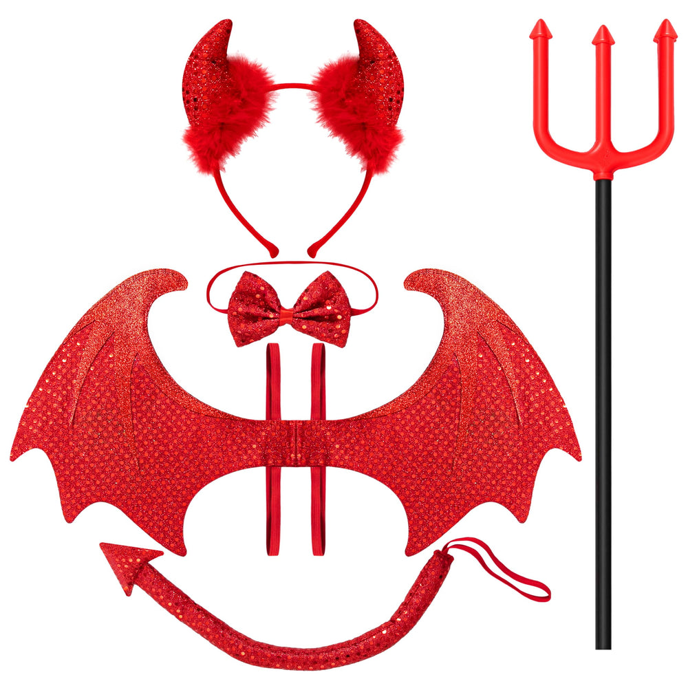 5 Pcs Devil Accessories for Woman, Devil Costume Accessories with Devil Wings, Devil Pitchfork Devil Horns and Tail, Halloween Devil Horns Cosplay Costume for Adults