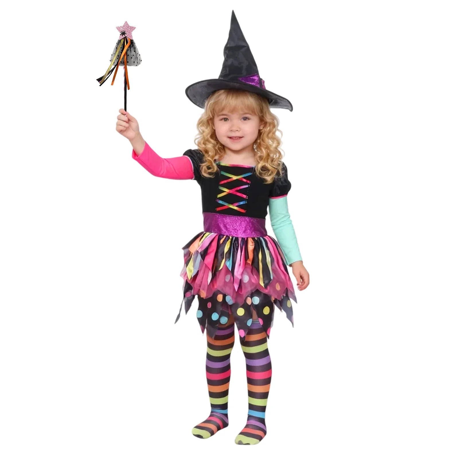 Girls Miss Matched Witch Halloween Fancy Dress Outfit, Child Girls Colorful Rainbow Halloween Witch Costume