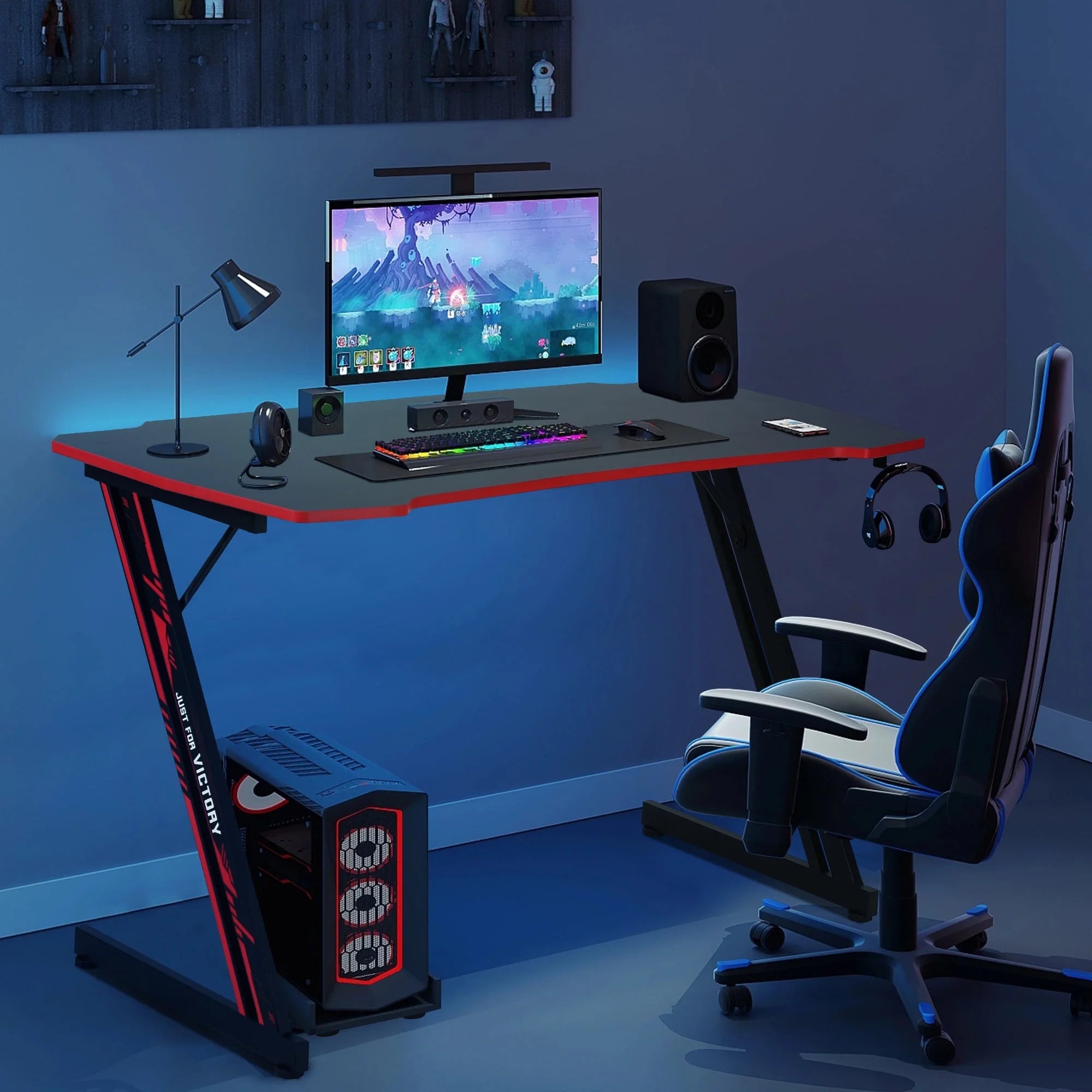 47 Inch Gaming Desk, Z Shaped PC Computer Desk Gaming Workstation with Headphone Hook, Ergonomic Gaming Table PC Desk for Game Players, Red