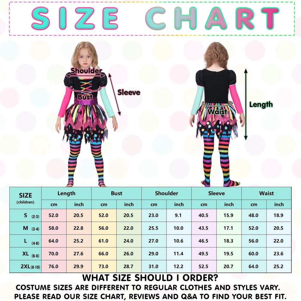 Girls Miss Matched Witch Halloween Fancy Dress Outfit, Child Girls Colorful Rainbow Halloween Witch Costume