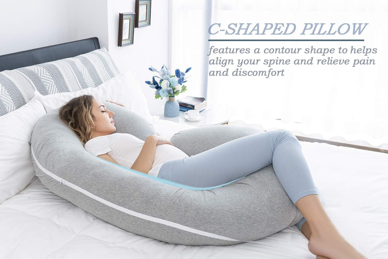 Pregnancy Pillow for Sleeping, Maternity Pillow with Jersey Cotton Cover,C Shaped Body Pillow for Pregnant Women(Grey Jersey)