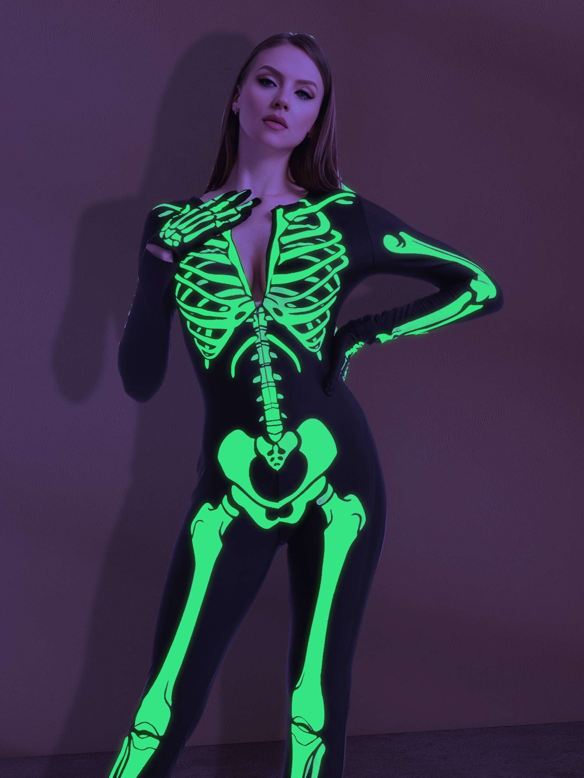 Glow in the Dark Skeleton Costume for Adults Women Halloween Dress up Party Role Playing Cosplay