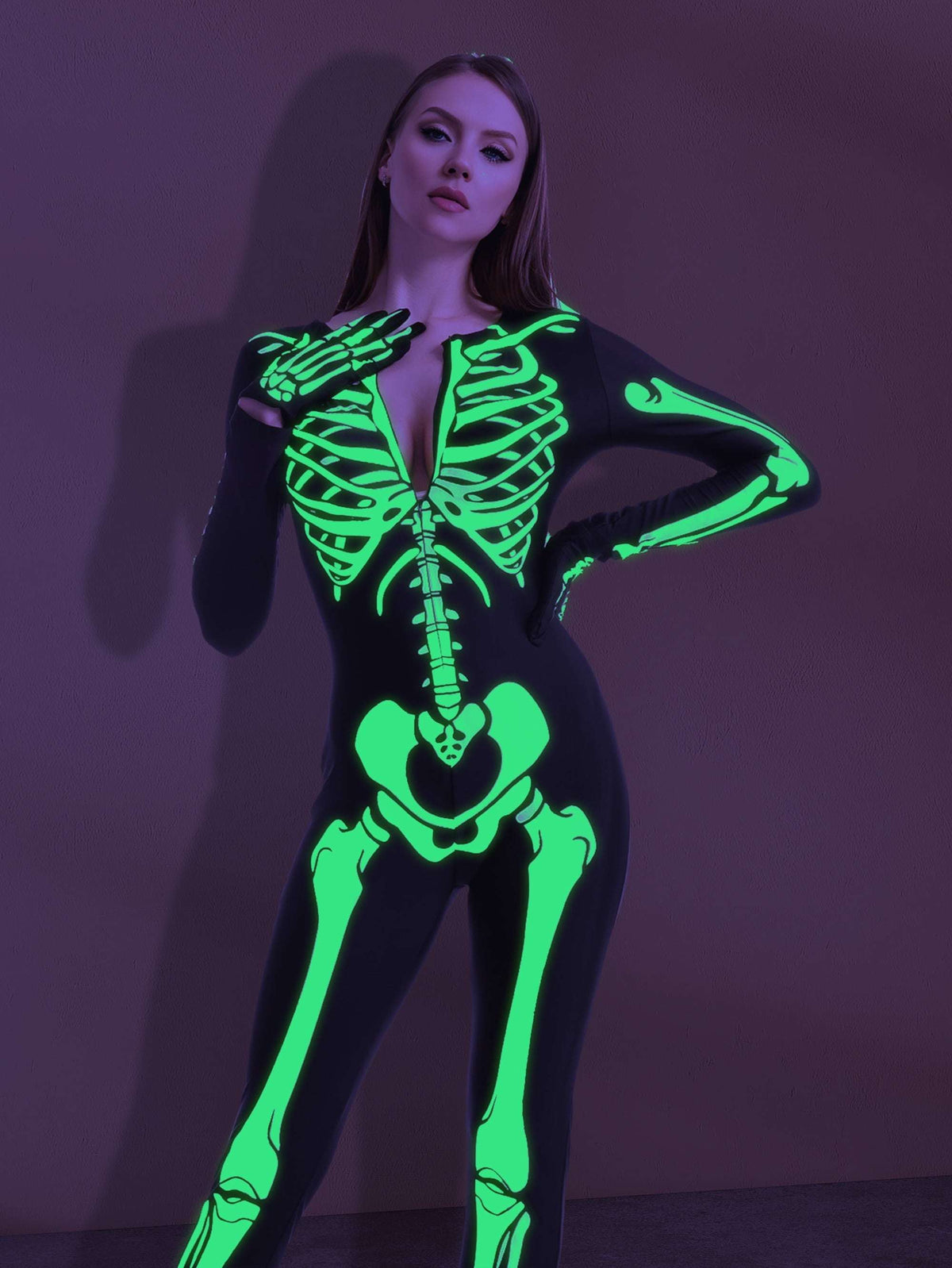 Glow in the Dark Skeleton Costume for Adults Women Halloween Dress up Party Role Playing Cosplay