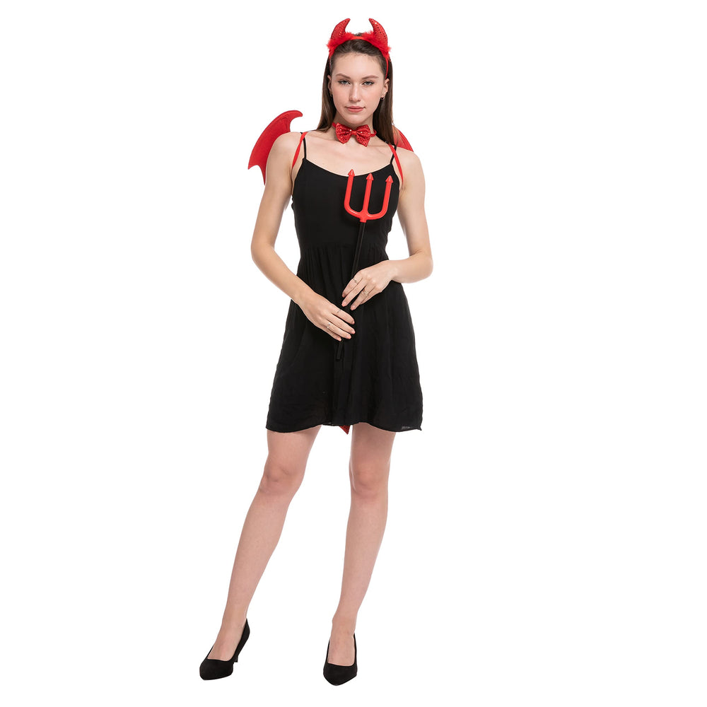5 Pcs Devil Accessories for Woman, Devil Costume Accessories with Devil Wings, Devil Pitchfork Devil Horns and Tail, Halloween Devil Horns Cosplay Costume for Adults