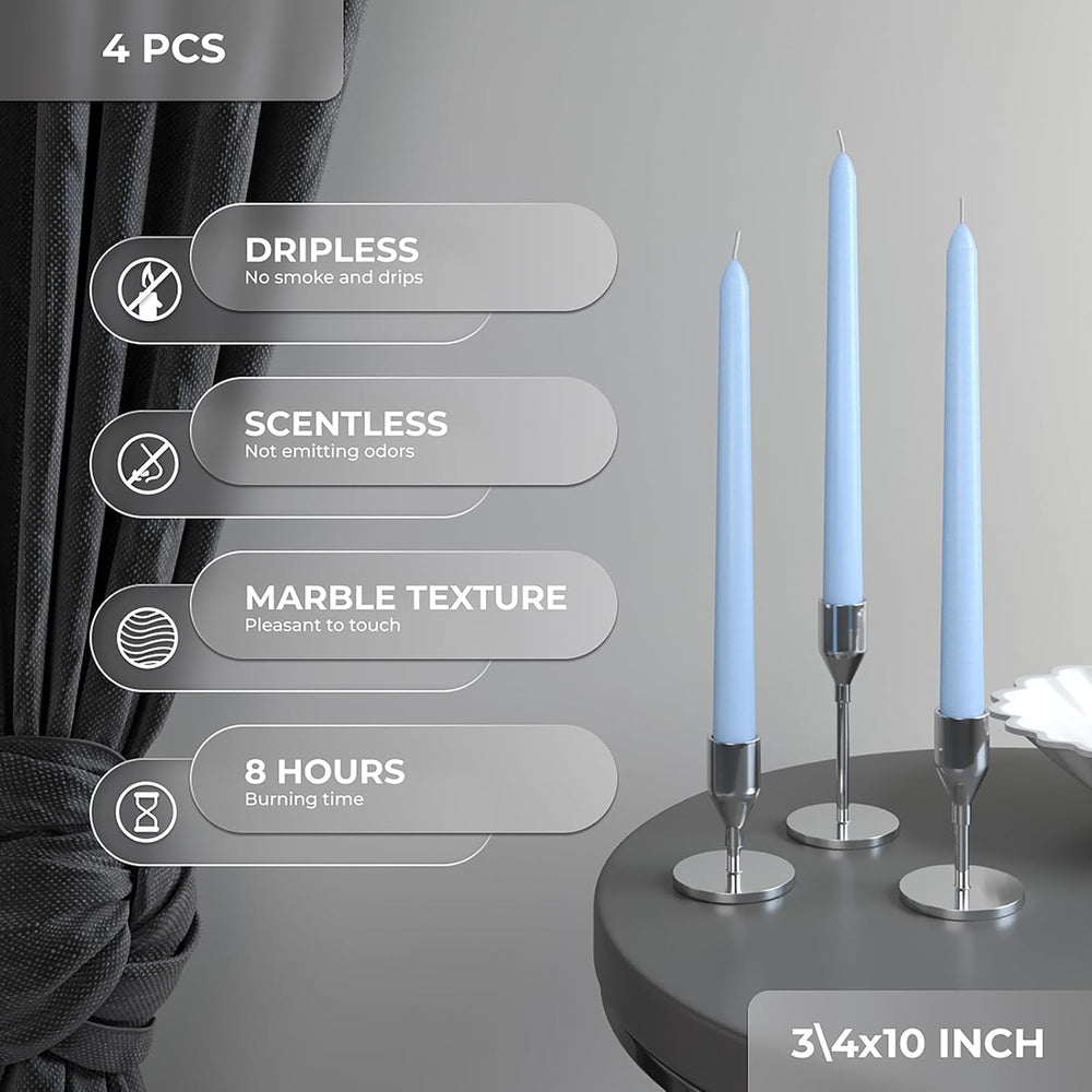 10 Inch Taper Candles - Set of 4 Dripless Unscented Candlesticks - Perfect for Dinner and Household Use - Light Blue
