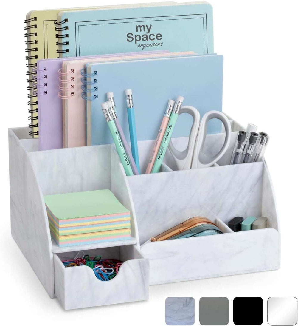 White Marble Desk Organizer with 9 compartments for pens, folders, and supplies. Elegant design for stylish and organized desks.