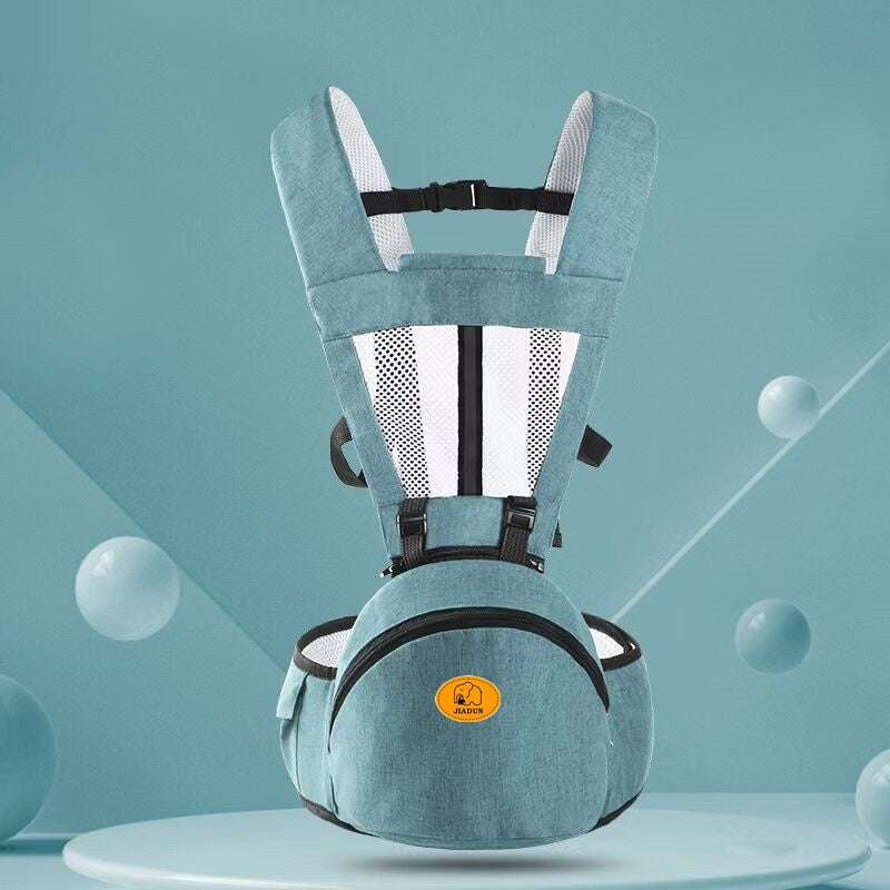 Blue ergonomic Baby Hip Seat Carrier with breathable mesh and adjustable straps. Designed for infant and toddler comfort and support.